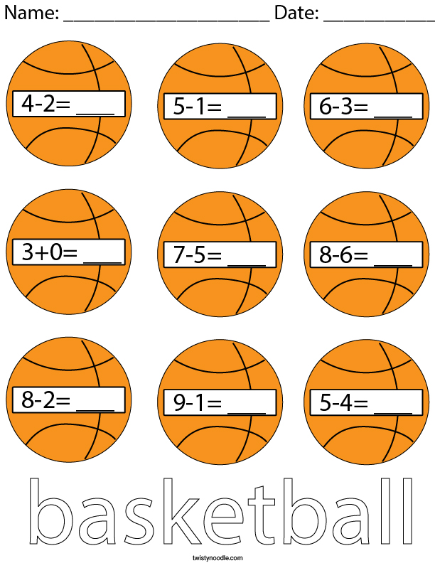 Basketball Subtraction Math Worksheet Twisty Noodle